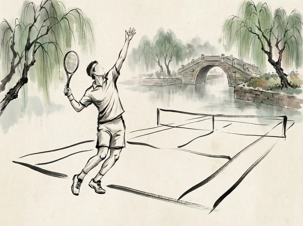 水墨风格渲染的网球比赛发球瞬间